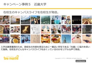 Copyright © テテマーチ株式会社 All Rights Reserved.
キャンペーン事例５ 近畿大学
50
confidential
在校生のキャンパスライフを在校生が発信。
入学志願者獲得のため、高校生の共感を得るために一番近い存在である「先輩」に協力を仰い
だ施策。在校生がどんなキャンパスライフをおくっているのかをリアルな声で発信。
 