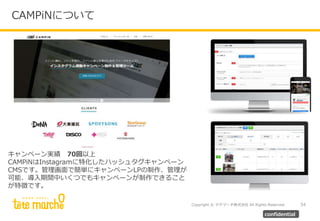 Copyright © テテマーチ株式会社 All Rights Reserved.
CAMPiNについて
54
confidential
キャンペーン実績 70回以上
CAMPiNはInstagramに特化したハッシュタグキャンペーン
CMSです。管理画面で簡単にキャンペーンLPの制作、管理が
可能、導入期間中いくつでもキャンペーンが制作できること
が特徴です。
 