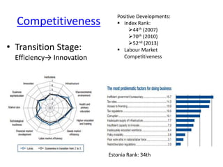 Competitiveness
• Transition Stage:
Efficiency→ Innovation
Positive Developments:
 Index Rank:
44th (2007)
70th (2010)
52nd (2013)
 Labour Market
Competitiveness
Estonia Rank: 34th
 