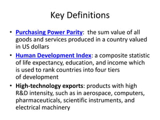 Key Definitions
• Purchasing Power Parity: the sum value of all
goods and services produced in a country valued
in US dollars
• Human Development Index: a composite statistic
of life expectancy, education, and income which
is used to rank countries into four tiers
of development
• High-technology exports: products with high
R&D intensity, such as in aerospace, computers,
pharmaceuticals, scientific instruments, and
electrical machinery
 
