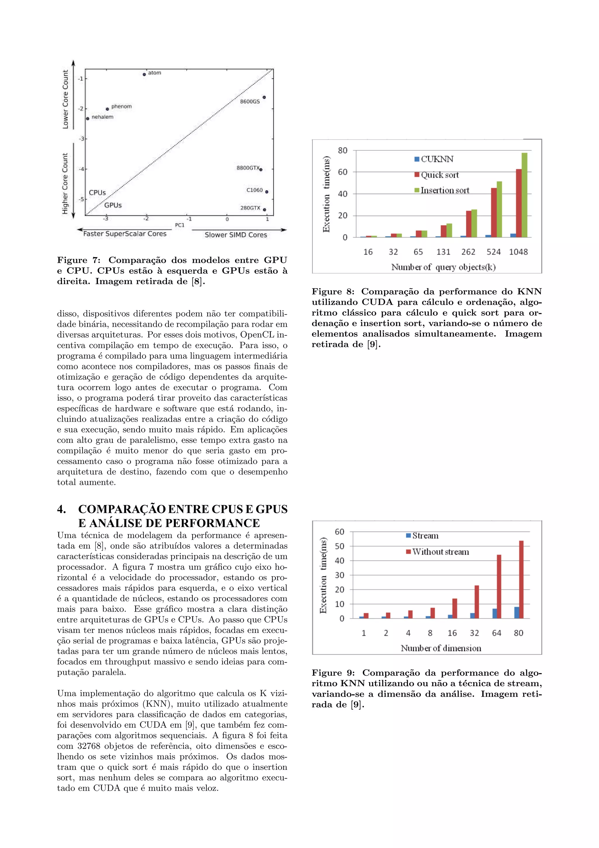 Figure 7: Compara¸c˜ao dos modelos entre GPU 
e CPU. CPUs est˜ao `a esquerda e GPUs est˜ao `a 
direita. Imagem retirada de [8]. 
disso, dispositivos diferentes podem n˜ao ter compatibili-dade 
bin´aria, necessitando de recompila¸c˜ao para rodar em 
diversas arquiteturas. Por esses dois motivos, OpenCL in-centiva 
compila¸c˜ao em tempo de execu¸c˜ao. Para isso, o 
programa ´e compilado para uma linguagem intermedi´aria 
como acontece nos compiladores, mas os passos finais de 
otimiza¸c˜ao e gera¸c˜ao de c´odigo dependentes da arquite-tura 
ocorrem logo antes de executar o programa. Com 
isso, o programa poder´a tirar proveito das caracter´ısticas 
espec´ıficas de hardware e software que est´a rodando, in-cluindo 
atualiza¸c˜oes realizadas entre a cria¸c˜ao do c´odigo 
e sua execu¸c˜ao, sendo muito mais r´apido. Em aplica¸c˜oes 
com alto grau de paralelismo, esse tempo extra gasto na 
compila¸c˜ao ´e muito menor do que seria gasto em pro-cessamento 
caso o programa n˜ao fosse otimizado para a 
arquitetura de destino, fazendo com que o desempenho 
total aumente. 
4. COMPARAÇÃOENTRE CPUS EGPUS 
E ANÁLISE DE PERFORMANCE 
Uma t´ecnica de modelagem da performance ´e apresen-tada 
em [8], onde s˜ao atribu´ıdos valores a determinadas 
caracter´ısticas consideradas principais na descri¸c˜ao de um 
processador. A figura 7 mostra um gr´afico cujo eixo ho-rizontal 
´e a velocidade do processador, estando os pro-cessadores 
mais r´apidos para esquerda, e o eixo vertical 
´e a quantidade de n´ucleos, estando os processadores com 
mais para baixo. Esse gr´afico mostra a clara distin¸c˜ao 
entre arquiteturas de GPUs e CPUs. Ao passo que CPUs 
visam ter menos n´ucleos mais r´apidos, focadas em execu- 
¸c˜ao serial de programas e baixa latˆencia, GPUs s˜ao proje-tadas 
para ter um grande n´umero de n´ucleos mais lentos, 
focados em throughput massivo e sendo ideias para com-puta 
¸c˜ao paralela. 
Uma implementa¸c˜ao do algoritmo que calcula os K vizi-nhos 
mais pr´oximos (KNN), muito utilizado atualmente 
em servidores para classifica¸c˜ao de dados em categorias, 
foi desenvolvido em CUDA em [9], que tamb´em fez com-para 
¸c˜oes com algoritmos sequenciais. A figura 8 foi feita 
com 32768 objetos de referˆencia, oito dimens˜oes e esco-lhendo 
os sete vizinhos mais pr´oximos. Os dados mos-tram 
que o quick sort ´e mais r´apido do que o insertion 
sort, mas nenhum deles se compara ao algoritmo execu-tado 
em CUDA que ´e muito mais veloz. 
Figure 8: Compara¸c˜ao da performance do KNN 
utilizando CUDA para c´alculo e ordena¸c˜ao, algo-ritmo 
cl´assico para c´alculo e quick sort para or-dena 
¸c˜ao e insertion sort, variando-se o n´umero de 
elementos analisados simultaneamente. Imagem 
retirada de [9]. 
Figure 9: Compara¸c˜ao da performance do algo-ritmo 
KNN utilizando ou n˜ao a t´ecnica de stream, 
variando-se a dimens˜ao da an´alise. Imagem reti-rada 
de [9]. 
 