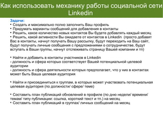 Как использовать механику работы социальной сети
Linkedin
Задачи:

Создать и максимально полно заполнить Ваш профиль

Придумать варианты сообщений для добавления в контакты

Решить, какое количество новых контактов Вы будете добавлять каждый месяц

Решить, какой активности Вы ожидаете от контактов в Linkedin (просто добавят
Вас в контакты, начнут получать Вашу рассылку, будут переходить на Ваш сайт,
будут получать личные сообщения с предложениями о сотрудничестве, будут
вступать в Ваши группы, начнут отслеживать страницу Вашей компании и тп)

Найти и добавить в контакты участников в Linkedin
- должность и сфера которых соответствует Вашей потенциальной целевой
аудитории
- должность и сфера деятельности которых предполагает, что у них в контактах
может быть Ваша целевая аудитория

Найти и присоединиться к группам, в которых может участвовать потенциальная
целевая аудитория (по должности/ сфере/ теме)

Составить план публикаций обновлений в профиле (по дню недели/ времени/
темам/ типу публикации: ссылка, короткий текст и тп.) на месяц

Составить план публикаций в группах/ личных сообщений на месяц
 