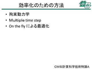 効率化のための方法
• 拘束動力学
• Ｍｕｌｔｉｐｌｅ time step
• On the fly による最適化

ＣＭＳＩ計算科学技術特論Ａ

 