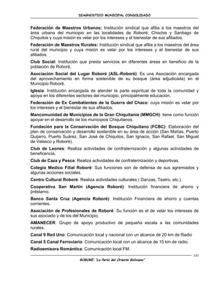 DIAGNOSTICO MUNICIPAL CONSOLIDADO



Federación de Maestros Urbanos: Institución sindical que afilia a los maestros del
área urbana del municipio en las localidades de Roboré, Chochis y Santiago de
Chiquitos y cuya misión es velar por los intereses y el bienestar de sus afiliados.
Federación de Maestros Rurales: Institución sindical que afilia a los maestros del área
rural del municipio y cuya misión es velar por los intereses y el bienestar de sus
afiliados.
Club Social: Institución que presta servicios en diferentes áreas en beneficio de la
población de Roboré.
Asociación Social del Lugar Roboré (ASL-Roboré): Es una Asociación encargada
del aprovechamiento en forma sostenible de su bosque (área adjudicada) en el
Municipio Roboré.
Iglesia: Institución encargada de atender la parte espiritual de toda la comunidad y
apoya en los diferentes sectores del municipio, principalmente educación.
Federación de Ex Combatientes de la Guerra del Chaco: cuya misión es velar por
los intereses y el bienestar de sus afiliados.
Mancomunidad de Municipios de la Gran Chiquitania (MMGCH): tiene como función
apoyar en el desarrollo de los municipios Chiquitanos.
Fundación para la Conservación del Bosque Chiquitano (FCBC): Elaboración del
plan de conservación y desarrollo sostenible en su área de acción (San Matías, Puerto
Quijarro, Puerto Suárez, San José de Chiquitos, San Ignacio, San Rafael, San Miguel
de Velasco y Roboré).
Club de Leones: Realiza actividades de confraternización y algunas actividades de
beneficencia.
Club de Caza y Pesca: Realiza actividades de confraternización y deportivas.
Colegio Medico Filial Roboré: Sus funciones son de defensa de sus agremiados y
algunas acciones sociales.
Centro Cultural Roboré: Realiza actividades culturales ( Danzas, Teatro, etc.).
Cooperativa San Martín (Agencia Roboré): Institución financiera de ahorro y
préstamo.
Banco Santa Cruz (Agencia Roboré): Institución Financiera de ahorro y cuentas
corrientes.
Asociación de Profesionales de Roboré: Su función es el de velar los intereses de
sus asociado y de los del Municipio.
AMANECER: Grupo de apoyo productivo de pequeña escala a las comunidades
rurales.
Canal 9 Red Uno: Comunicación local y nacional con un alcance de 20 km de Radio
Canal 5 Canal Ferroviario: Comunicación local con un alcance de 15 km de radio.
Radioemisora Romántica: Comunicación local FM.
                                                                                    143
                         ROBORE: “La Perla del Oriente Boliviano”
 