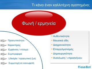 Αυθεντικότητα Μουσικά είδη Διαχρονικότητα Επαγγελματισμός Δημιουργικότητα Ανανέωση / «προσκήνιο» Τι κάνει έναν καλλιτέχνη αγαπημένο; Φωνή   /   ερμηνεία Προσωπικότητα Χαρακτήρας Εμφάνιση / ντύσιμο Συμπεριφορά Lifestyle /  προσωπική ζωή Συμμετοχή σε κοινωφελή 