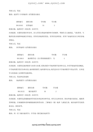 zycnzj.com/ www.zycnzj.com


考核方式：笔试

教材：赵济等《中国地理》高等教育出版社



       课程编号         课程名称         学时数            学分数

       08110163     世界地理          54             3

授课对象：地理科学（师范类）本科学生

内容提要：本课程讲授世界各州、各大洋的自然地理规律和全球规律，掌握有关大地构造、气候类型，生

物界的基本规律和地域分异状况，世界经济地理的变化，世界居民和国家、世界产业地理及各大州经济地

理情况。

考核方式：笔试

教材：    《世界地理》高等教育出版社



       课程编号          课程名称                       学时数        学分数

       08110014      地理教学论（含计算机辅助教学） 72                     4

授课对象：地理科学（师范类）本科学生

内容提要：本课程是地理教育专业的专业课,系统讲授中学地理教学原理和方法,介绍学校地理发展概况,

中学地理教学的任务和内容,地理课的教学,地理课外活动,现代技术在中学地理教学中的运用等。在理论

学习的基础上安排教学技能训练。

考核方式：笔试和试讲成绩

教材：    《地理教学》高等教育出版社



       课程编号          课程名称         学时数           学分数

         08110132    城市地理学             36            2

授课对象：地理科学（师范类）本科学生

内容提要：本课程包括城镇地理学的基本理论和各种学说、研究方法和内容，国内外城市化特征，城镇类

型和职能，区域城镇体系和城镇地域结构等内容。了解城市（镇）地理 与规划关系，城市地理学发展的

新动向，新要求等。

考核方式：笔试

教材：周一星《城市地理学》，许学强《现代城市地理学》




                                            9
                       zycnzj.com/http://www.zycnzj.com/
 