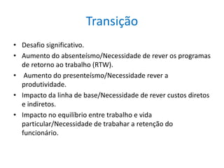 Transição
• Desafio significativo.
• Aumento do absenteísmo/Necessidade de rever os programas
de retorno ao trabalho (RTW).
• Aumento do presenteísmo/Necessidade rever a
produtividade.
• Impacto da linha de base/Necessidade de rever custos diretos
e indiretos.
• Impacto no equilíbrio entre trabalho e vida
particular/Necessidade de trabahar a retenção do
funcionário.
 