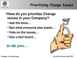 Prioritizing Change Issues <ul><li>How do you prioritize Change issues in your Company? </li></ul><ul><ul><li>Ask the boss...