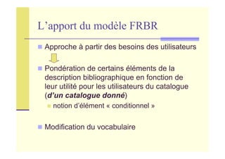 L’apport du modèle FRBR
Approche à partir des besoins des utilisateurs
Pondération de certains éléments de la
description bibliographique en fonction de
leur utilité pour les utilisateurs du catalogue
(d’un catalogue donné)
notion d’élément « conditionnel »
Modification du vocabulaire
 