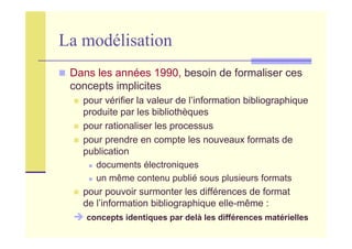 La modélisation
Dans les années 1990, besoin de formaliser ces
concepts implicites
pour vérifier la valeur de l’information bibliographique
produite par les bibliothèques
pour rationaliser les processus
pour prendre en compte les nouveaux formats de
publication
documents électroniques
un même contenu publié sous plusieurs formats
pour pouvoir surmonter les différences de format
de l’information bibliographique elle-même :
concepts identiques par delà les différences matérielles
 