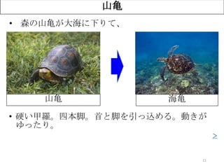 11
山亀
• 森の山亀が大海に下りて、
• 硬い甲羅。四本脚。首と脚を引っ込める。動きが
ゆったり。
？山亀 海亀
＞
 