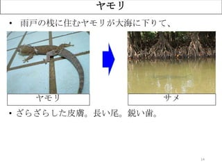 ？
14
ヤモリ
ヤモリ サメ
• 雨戸の桟に住むヤモリが大海に下りて、
• ざらざらした皮膚。長い尾。鋭い歯。
 