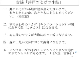 32
古謡「井戸のそばの小蛙」
一．井戸のそばの小蛙に翅が生えて飛ぶまで。
わたしたちの命、島とともにあらしめてくださ
い。（※反復）
二．家のまわりのトカゲ（キシノウエトカゲ）が潮
におりて魚（カタカス）になるまで。
三．家の桟のヤモリが大海におりて鮫になるまで。
四．森の山亀が大海におりて海亀になるまで。
五．マングローブの下のシレナシジミがサンゴ礁に
おりてシャコ貝になるまで。（『八重山古謡』）
＞
 