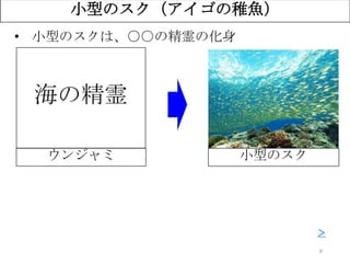 6
小型のスク（アイゴの稚魚）
• 小型のスクは、○○の精霊の化身
？ 小型のスク
海の精霊
ウンジャミ
＞
 