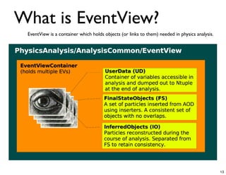 What is EventView?
 EventView is a container which holds objects (or links to them) needed in physics analysis.




                                                                                               13
 