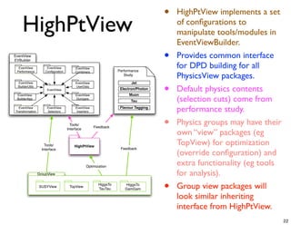 •   HighPtView implements a set
     HighPtView                                                                          of conﬁgurations to
                                                                                         manipulate tools/modules in
                                                                                         EventViewBuilder.
EventView
EVBuilder                                                                            •   Provides common interface
  EventView           EventView          EventView
                                                                  Performance
                                                                                         for DPD building for all
 Performance         Conﬁguration
                                                                                         PhysicsView packages.
                                         Combiners
                                                                     Study



                                                                                     •
  EventView                              EventView                       Jet
  BuilderUtils
                      Package
                      EventView
                                         UserData
                                                                   Electron/Photon       Default physics contents
                                                                        Muon
                                                                                         (selection cuts) come from
 EventView                               EventView
 BuilderAlgs                             Dumpers
                                                                        Tau
  EventView
Transformation
                      EventView
                      Selectors
                                         EventView
                                          Inserters
                                                                   Flavour Tagging
                                                                                         performance study.
                                      Tools/
                                                      Feedback                       •   Physics groups may have their
                                                                                         own “view” packages (eg
                                    Interface



                     Tools/             HighPtView
                                                                                         TopView) for optimization
                                                                   Feedback
                                                                                         (override conﬁguration) and
                   Interface



                                                Optimization
                                                                                         extra functionality (eg tools
                 GroupView                                                               for analysis).
                 SUSYView            TopView
                                                        HiggsTo
                                                        TauTau
                                                                     HiggsTo
                                                                     GamGam          •   Group view packages will
                                                                                         look similar inheriting
                                                                                         interface from HighPtView.
                                                                                                                         22
 