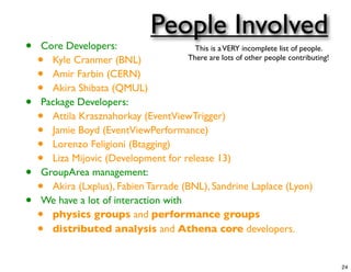 People Involved
•   Core Developers:                     This is a VERY incomplete list of people.
    • Kyle Cranmer (BNL)               There are lots of other people contributing!

    • Amir Farbin (CERN)
    • Akira Shibata (QMUL)
•   Package Developers:
    • Attila Krasznahorkay (EventViewTrigger)
    • Jamie Boyd (EventViewPerformance)
    • Lorenzo Feligioni (Btagging)
    • Liza Mijovic (Development for release 13)
•   GroupArea management:
    • Akira (Lxplus), Fabien Tarrade (BNL), Sandrine Laplace (Lyon)
•   We have a lot of interaction with
    • physics groups and performance groups
    • distributed analysis and Athena core developers.


                                                                                      24
 