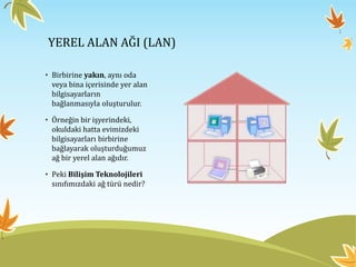 YEREL ALAN AĞI (LAN)
• Birbirine yakın, aynı oda
veya bina içerisinde yer alan
bilgisayarların
bağlanmasıyla oluşturulur.
• Örneğin bir işyerindeki,
okuldaki hatta evimizdeki
bilgisayarları birbirine
bağlayarak oluşturduğumuz
ağ bir yerel alan ağıdır.
• Peki Bilişim Teknolojileri
sınıfımızdaki ağ türü nedir?
 
