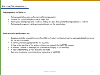 © Sauder Consulting Inc. 6
Purpose/Requirements
The purpose of S&OP/IBP is:
• To improve the financial performance of the organization
• To drive the organization with one strategic plan
• To integrate all organizational functions making the best decisions for the organization as a whole
• To improve transparency and communication across the organization
Some essential requirements are:
• Development of a product hierarchy from SKU to Product Family which can be aggregated at all levels and
for the entire business.
• A planning horizon appropriate for the business
• A clear understanding of the vision, mission, and goals of the S&OP/IBP process
• A monthly cadence of meetings and processes leading up to the meetings
• A clear understanding of how decisions are made
• Executive leadership commitment and ownership of S&OP/IBP
 