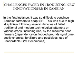 CHALLENGES FACED IN TRODUCING NEW INNOVATION(SRI) IN ZAMBIAN  <ul><li>In the first instance, it was so difficult to convin...