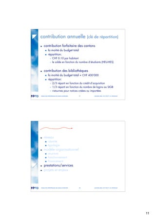 11
réseau des bibliothèques de suisse occidentale 21 journées abes 30-31.05.07 / m. micheloud
contribution annuelle (clé de répartition)
contribution forfaitaire des cantons
la moitié du budget total
répartition:
 CHF 0.10 par habitant
 le solde en fonction du nombre d’étudiants (HEU-HES)
contribution des bibliothèques
la moitié du budget total + CHF 400’000
répartition:
 2/3 réparti en fonction du crédit d’acquisition
 1/3 réparti en fonction du nombre de logins au SIGB
 ristournes pour notices créées ou importées
réseau des bibliothèques de suisse occidentale 22 journées abes 30-31.05.07 / m. micheloud
réseau
identité
typologie
modèle organisationnel
structure
fonctionnement
financement
prestations/services
projets et enjeux
 