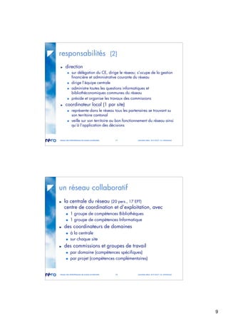 9
réseau des bibliothèques de suisse occidentale 17 journées abes 30-31.05.07 / m. micheloud
responsabilités (2)
direction
sur délégation du CE, dirige le réseau; s’ocupe de la gestion
financière et administrative courante du réseau
dirige l’équipe centrale
administre toutes les questions informatiques et
bibliothéconomiques communes du réseau
préside et organise les travaux des commissions
coordinateur local (1 par site)
représente dans le réseau tous les partenaires se trouvant su
son territoire cantonal
veille sur son territoire au bon fonctionnement du réseau ainsi
qu’à l’application des décisions
réseau des bibliothèques de suisse occidentale 18 journées abes 30-31.05.07 / m. micheloud
un réseau collaboratif
la centrale du réseau (20 pers., 17 EPT)
centre de coordination et d’exploitation, avec
1 groupe de compétences Bibliothèques
1 groupe de compétences Informatique
des coordinateurs de domaines
à la centrale
sur chaque site
des commissions et groupes de travail
par domaine (compétences spécifiques)
par projet (compétences complémentaires)
 