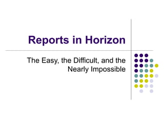 Reports in Horizon The Easy, the Difficult, and the Nearly Impossible 