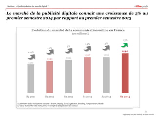 Le périmètre inclut les segments suivants : Search, Display, Local, Affiliation, Emailing, Comparateurs, Mobile
Le calcul du marché total online prend en compte la déduplication des canaux
Le marché de la publicité digitale connaît une croissance de 3% au
premier semestre 2014 par rapport au premier semestre 2013
Section 1 – Quelle évolution du marché digital ?
8
Copyright © 2014 PwC Advisory. All rights reserved
8
#Obsepub
Evolution du marché de la communication online en France
(en millions €)
S2 2011 S1 2012 S2 2012 S1 2013
1286
+10%
1345
+5%
1355
5%
1398
+4%
S2 2013 S1 2014
1395
3%
1440
+3%
 