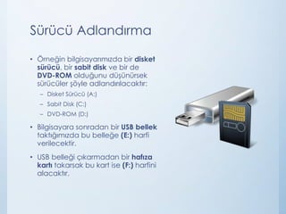 Sürücü Adlandırma
• Örneğin bilgisayarımızda bir disket
sürücü, bir sabit disk ve bir de
DVD-ROM olduğunu düşünürsek
sürücüler şöyle adlandırılacaktır:
– Disket Sürücü (A:)
– Sabit Disk (C:)
– DVD-ROM (D:)
• Bilgisayara sonradan bir USB bellek
taktığımızda bu belleğe (E:) harfi
verilecektir.
• USB belleği çıkarmadan bir hafıza
kartı takarsak bu kart ise (F:) harfini
alacaktır.
 