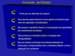 CCoonncceeiittoo ddee EEssttaaddoo:: 
Forte para se defender da captura 
Que assume papel decisivo como agente econômico (por 
meio da regulação e fiscalização) 
Que busca o equilibrio fiscal e a recuperação da capacidade 
de investimento do Estado 
Que promove a inclusão social e a redução das 
desigualdades 
Que se orienta na direção da profissionalização da 
burocracia, comprometida com o interesse público e com a 
obtenção de resultados 
 