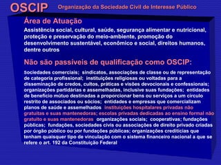 OOSSCCIIPP OOrrggaanniizzaaççããoo ddaa SSoocciieeddaaddee CCiivviill ddee IInntteerreessssee PPúúbblliiccoo 
Área de Atuação 
Assistência social, cultural, saúde, segurança alimentar e nutricional, 
proteção e preservação do meio-ambiente, promoção do 
desenvolvimento sustentável, econômico e social, direitos humanos, 
dentre outros 
Não são passíveis de qualificação como OSCIP: 
Sociedades comerciais; sindicatos, associações de classe ou de representação 
de categoria profissional; instituições religiosas ou voltadas para a 
disseminação de credos, cultos, práticas e visões devocionais e confessionais; 
organizações partidárias e assemelhadas, inclusive suas fundações; entidades 
de benefício mútuo destinadas a proporcionar bens ou serviços a um círculo 
restrito de associados ou sócios; entidades e empresas que comercializam 
planos de saúde e assemelhados; instituições hospitalares privadas não 
gratuitas e suas mantenedoras; escolas privadas dedicadas ao ensino formal não 
gratuito e suas mantenedoras; organizações sociais; cooperativas; fundações 
públicas; fundações, sociedades civis ou associações de direito privado criadas 
por órgão público ou por fundações públicas; organizações creditícias que 
tenham quaisquer tipo de vinculação com o sistema financeiro nacional a que se 
refere o art. 192 da Constituição Federal. 
 