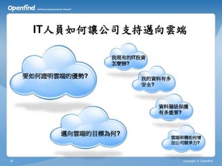 IT人員如何讓公司支持邁向雲端

                   我現有的IT投資
                   怎麼辦?

     要如何證明雲端的優勢?         我的資料有多
                         安全?



                              資料層級保護
                              有多重要?



           邁向雲端的目標為何?
                                  雲端架構如何增
                                  加公司競爭力?



16                                  copyright © Openfind
 
