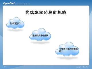 雲端旅程的技術挑戰

     如何起步?




              虛擬化有多重要?




                         有哪些可能的技術挑
                         戰?




18                               copyright © Openfind
 