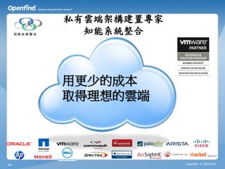 私有雲端架構建置專家
     知能系統整合     知能系統整合




              用更少的成本
              取得理想的雲端




56                         copyright © Openfind
 