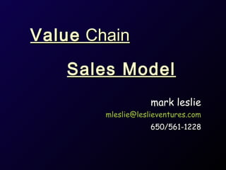 ValueValue ChainChain
mark lesliemark leslie
mleslie@leslieventures.commleslie@leslieventures.com
650/561-1228650/561-1228
Sales ModelSales Model
 