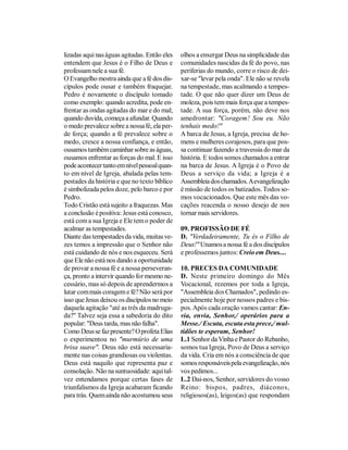 lizadas aqui nas águas agitadas. Então eles   olhos a enxergar Deus na simplicidade das
entendem que Jesus é o Filho de Deus e        comunidades nascidas da fé do povo, nas
professam nele a sua fé.                      periferias do mundo, corre o risco de dei-
O Evangelho mostra ainda que a fé dos dis-    xar-se "levar pela onda". Ele não se revela
cípulos pode ousar e também fraquejar.        na tempestade, mas acalmando a tempes-
Pedro é novamente o discípulo tomado          tade. O que não quer dizer um Deus de
como exemplo: quando acredita, pode en-       moleza, pois tem mais força que a tempes-
frentar as ondas agitadas do mar e do mal;    tade. A sua força, porém, não deve nos
quando duvida, começa a afundar. Quando       amedrontar: "Coragem! Sou eu. Não
o medo prevalece sobre a nossa fé, ela per-   tenhais medo!"
de força; quando a fé prevalece sobre o       A barca de Jesus, a Igreja, precisa de ho-
medo, cresce a nossa confiança, e então,      mens e mulheres corajosos, para que pos-
ousamos também caminhar sobre as águas,       sa continuar fazendo a travessia do mar da
ousamos enfrentar as forças do mal. E isso    história. E todos somos chamados a entrar
pode acontecer tanto em nível pessoal quan-   na barca de Jesus. A Igreja é o Povo de
to em nível de Igreja, abalada pelas tem-     Deus a serviço da vida; a Igreja é a
pestades da história e que no texto bíblico   Assembleia dos chamados. A evangelização
é simbolizada pelos doze, pelo barco e por    é missão de todos os batizados. Todos so-
Pedro.                                        mos vocacionados. Que este mês das vo-
Todo Cristão está sujeito a fraquezas. Mas    cações reacenda o nosso desejo de nos
a conclusão é positiva: Jesus está conosco,   tornar mais servidores.
está com a sua Igreja e Ele tem o poder de
acalmar as tempestades.                       09. PROFISSÃO DE FÉ
Diante das tempestades da vida, muitas ve-    D. "Verdadeiramente, Tu és o Filho de
zes temos a impressão que o Senhor não        Deus!" Unamos a nossa fé a dos discípulos
está cuidando de nós e nos esqueceu. Será     e professemos juntos: Creio em Deus....
que Ele não está nos dando a oportunidade
de provar a nossa fé e a nossa perseveran-    10. PRECES DA COMUNIDADE
ça, pronto a intervir quando for mesmo ne-    D. Neste primeiro domingo do Mês
cessário, mas só depois de aprendermos a      Vocacional, rezemos por toda a Igreja,
lutar com mais coragem e fé? Não será por     "Assembleia dos Chamados", pedindo es-
isso que Jesus deixou os discípulos no meio   pecialmente hoje por nossos padres e bis-
daquela agitação "até as três da madruga-     pos. Após cada oração vamos cantar: En-
da?" Talvez seja essa a sabedoria do dito     via, envia, Senhor,/ operários para a
popular: "Deus tarda, mas não falha".         Messe./ Escuta, escuta esta prece,/ mul-
Como Deus se faz presente? O profeta Elias    tidões te esperam, Senhor!
o experimentou no "murmúrio de uma            L.1 Senhor da Vinha e Pastor do Rebanho,
brisa suave". Deus não está necessaria-       somos tua Igreja, Povo de Deus a serviço
mente nas coisas grandiosas ou violentas.     da vida. Cria em nós a consciência de que
Deus está naquilo que representa paz e        somos responsáveis pela evangelização, nós
consolação. Não na suntuosidade: aqui tal-    vos pedimos...
vez entendamos porque certas fases de         L.2 Dai-nos, Senhor, servidores do vosso
triunfalismos da Igreja acabaram ficando      Reino: bispos, padres, diácono s,
para trás. Quem ainda não acostumou seus      religiosos(as), leigos(as) que respondam
 