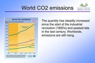 World CO2 emissions
The quantity has steadily increased
since the start of the industrial
revolution (1800's) and peaked late
in the last century. Worldwide,
emissions are still rising.
 