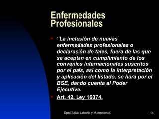Enfermedades Profesionales “ La inclusión de nuevas enfermedades profesionales o declaración de tales, fuera de las que se aceptan en cumplimiento de los convenios internacionales suscritos por el país, asi como la interpretación y aplicación del listado, se hara por el BSE, dando cuenta al Poder Ejecutivo. Art. 42. Ley 16074 . 