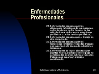 Enfermedades Profesionales. 23. Enfermedades causadas por las vibraciones (afecciones de los músculos, de los tendones, de los huesos, de las articulaciones, de los vasos sanguíneos periféricos o de los nervios periféricos). 24. Enfermedades causadas por el trabajo en aire comprimido. 25. Enfermedades causadas por las radiaciones ionizantes.Todos los trabajos que expongan a la acción de radiaciones ionizantes. 26. Enfermedades de la piel causadas por agentes físicos, químicos o biológicos no considerados en otras rúbricas.Todos los trabajos que expongan al riesgo considerado. 