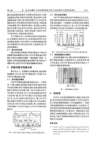 第８期            张劫，张宗麟等：无线传感器网络中基于比较的簇节点故障诊断算法                                               １８６３



簇头发送诊断发起请求，相邻簇头接收到这个诊断              ３．２拓扑改变的情况
发起请求后将在本簇内发起诊断，通过这种方式将                     ＣＢｃＮＦＤ算法诊断过程中网络拓扑发生变化，
诊断遍及整个网络．簇头接收到簇内节点发送来的              则每当簇头检测到有状态尚未确定的网络节点进人
测试应答后，将本簇状态封装成分发｝削急，并通过簇            本簇，就会触发一个诊断期，从而系统开销在诊断过
头间的逻辑子网广播到所有簇头，同时簇头也将收              程中有所增加，但变化不大．图３是ＣＢＣＮ如算法
集从其它簇头发送来的分发消息．测试应答和分发              在网络拓扑变化和不变的情况下自身的性能比较．
消息均属于诊断消息．当簇头获知整个网络中所有
节点的状态后，诊断处理过程结束．
  对于非簇头节点，当收到来自簇头的测试请求
后，先判断是不是网关节点，如果是则向相邻节点发
送诊断发起请求，所有非簇头节点都将根据测试请
求中的测试任务计算出相应结果，生成测试应答，发
送到本簇簇头．                                                           网络竹点标识序列

                                                             。拓扑变化           ●拓扑不变
２．３簇头的自诊断
  簇头对诊断过程的集中控制功能决定了簇头的                    图３拓扑变化和不变的ＣＢＣＮＦＤ算法自身性能比较

故障将导致诊断算法的失效，ａ℃ＭＤ算法通过采用             ３．３网络规模较大的情况
簇头与网关之间路径的抽象一“虚拟链路”，构成一个                   在网络规模较大时，簇头和网关的数量相对于
由簇头、网关和虚拟链路组成的逻辑子网，再在这个             整个网络来说属于少数网络节点，由仿真结果（图

逻辑子网上应用Ｃ１３Ｃ］姗Ｄ算法诊断簇头的状态．            ４）可以看出：ＣＢＣＮＦＤ算法总的系统开销远小于
                                    ＣＢＳＬＦＤ算法的系统开销．
３实验仿真与性能分析
  基于本文２．１节的簇节点诊断性质，通过网络
仿真软件Ｎ孓２对ＣＢＣＮＦＤ算法进行了仿真，并与
ａ玛ＬＦＤ算法进行比较．
３．１拓扑固定的情况
  ＣＢＣＮＦＤ算法故障诊断的触发是由一个簇到
另一个簇，在簇内利用簇头的集中控制功能对网络
节点进行诊断，网关可被重复诊断，重复诊断的次数
                                                          图４     网络规模较大的情况
取决于其同时所处的簇个数．ＣＢＳＬＦＤ算法中每个
节点都产生分发消息，每个分发消息都通过洪泛的              ４      结束语
方式全网广播，而ＣＢＣＮＦＤ算法中分发消息只由簇
                                           近年来，在无线传感器网络中成簇已经较为普
头产生，并且只由簇头和网关进行广播．ＣＢＣＮＦＤ
                                    遍，其分层结构为网络的扩展提供了可行性，国内外
算法在簇头对网络节点进行诊断之前，首先在簇头
                                    针对无线传感器网络提出了许多成簇算法［６－８｜，因此
之间应用ＣＢＳＬＦＤ算法互相诊断．图２是网络拓扑
                                    无线传感器网络的节点故障诊断是十分必要的，尤
不变的情况下ＣＢＳＬＦＤ算法与ＣＢＣＮＦＤ算法的性
                                    其对系统节能和网络性能要求越来越高的无线传感
能对比．
                                    器网络的领域应用．本文提出的一种新的基于比较
                                    的簇节点故障诊断算法，优化了诊断过程，减少了系
                                    统开销，实现了诊断期间网络拓扑固定与变化时对
                                    网络节点的诊断．

                                    参考文献：

                                    ［１］   ｃｈｅｓｓａ ｓ，ｓａｎｔｉ Ｐ．Ｃｏｍｐａｒｉｓｏｎ Ｂａｓｅｄ ｓｙｓｔｅｍ－Ｌｅｖｅｌ Ｆａｕｌｔ Ｄｉ—
                  网络节．点标识序列
            ｏ ＣＢＳＬＦＤ      ●ＣＢＣＮＦＤ         ａｇｎｏｓｉｓ   ｉｎ   Ａｄ—Ｈｏｃ Ｎｅｔｗｏｒｋｓ［ｃ］／／Ｐｒｏｃ．ＩＥＥＥ ２０ｔｈ ｓｙｍｐ．ｏｎ

                                          Ｒｅｌｉａｂｌｅ Ｄｉｓｔｒｉｂｕｔｅｄ Ｓｙｓｔｅｍｓ（ＳＲＤＳ），Ｎｅｗ ｏｒｌｅａｎｓ，２００１，
 图２    拓扑不变的ＣＢＳＬＦＤ算法与ＣＢＣＮＦＤ算法对比
                                          １０：２５７—２６６．




 万方数据
 
