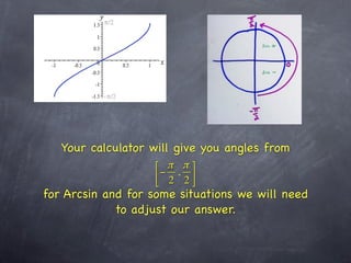 Your calculator will give you angles from
                   ⎡ π π ⎤
                      − , ⎥
                   ⎢ 2 2 ⎦
                   ⎣
for Arcsin and for some situations we will need
             to adjust our answer.
 