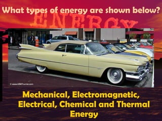 What types of energy are shown below?

Mechanical, Electromagnetic,
Electrical, Chemical and Thermal
Energy

 