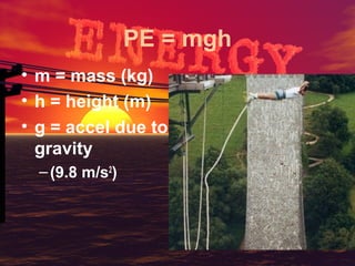 PE = mgh
• m = mass (kg)
• h = height (m)
• g = accel due to
gravity
– (9.8 m/s2)

 