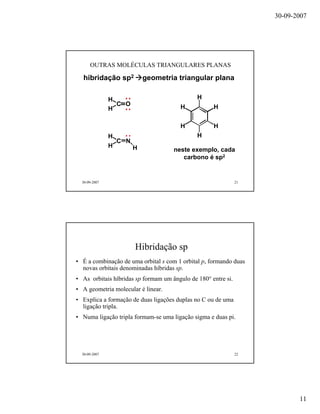 30-09-2007
11
30-09-2007 21
C N
H
H H
C O
H
H
OUTRAS MOLÉCULAS TRIANGULARES PLANAS
hibridação sp2 geometria triangular plana
H
H
H
H
H
H
neste exemplo, cada
carbono é sp2
30-09-2007 22
Hibridação sp
• É a combinação de uma orbital s com 1 orbital p, formando duas
novas orbitais denominadas híbridas sp.
• As orbitais híbridas sp formam um ângulo de 180° entre si.
• A geometria molecular é linear.
• Explica a formação de duas ligações duplas no C ou de uma
ligação tripla.
• Numa ligação tripla formam-se uma ligação sigma e duas pi.
 