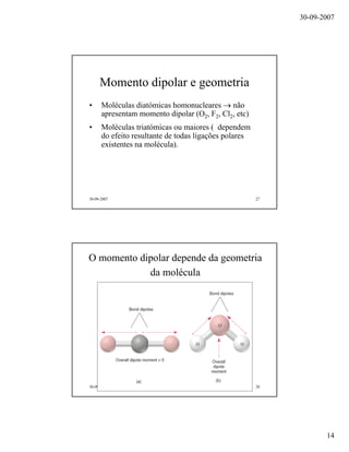 30-09-2007
14
30-09-2007 27
Momento dipolar e geometria
• Moléculas diatómicas homonucleares → não
apresentam momento dipolar (O2, F2, Cl2, etc)
• Moléculas triatómicas ou maiores ( dependem
do efeito resultante de todas ligações polares
existentes na molécula).
30-09-2007 28
O momento dipolar depende da geometria
da molécula
 