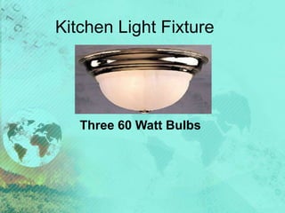 Kitchen Light Fixture
Three 60 Watt Bulbs
 