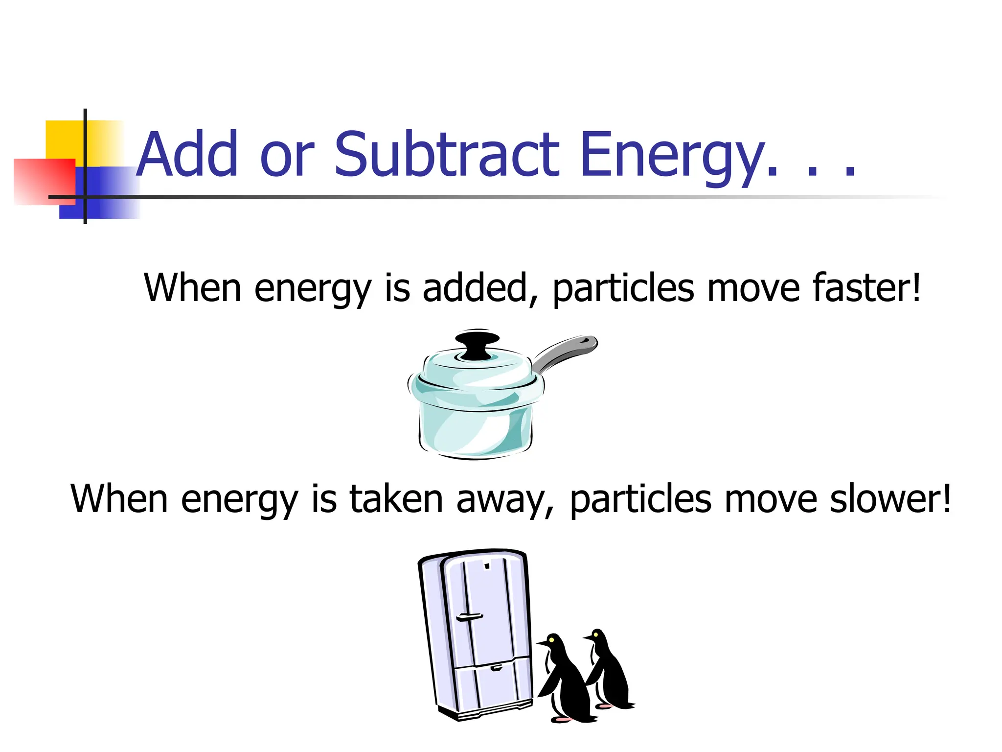 Add or Subtract Energy. . .
When energy is added, particles move faster!
When energy is taken away, particles move slower!
 