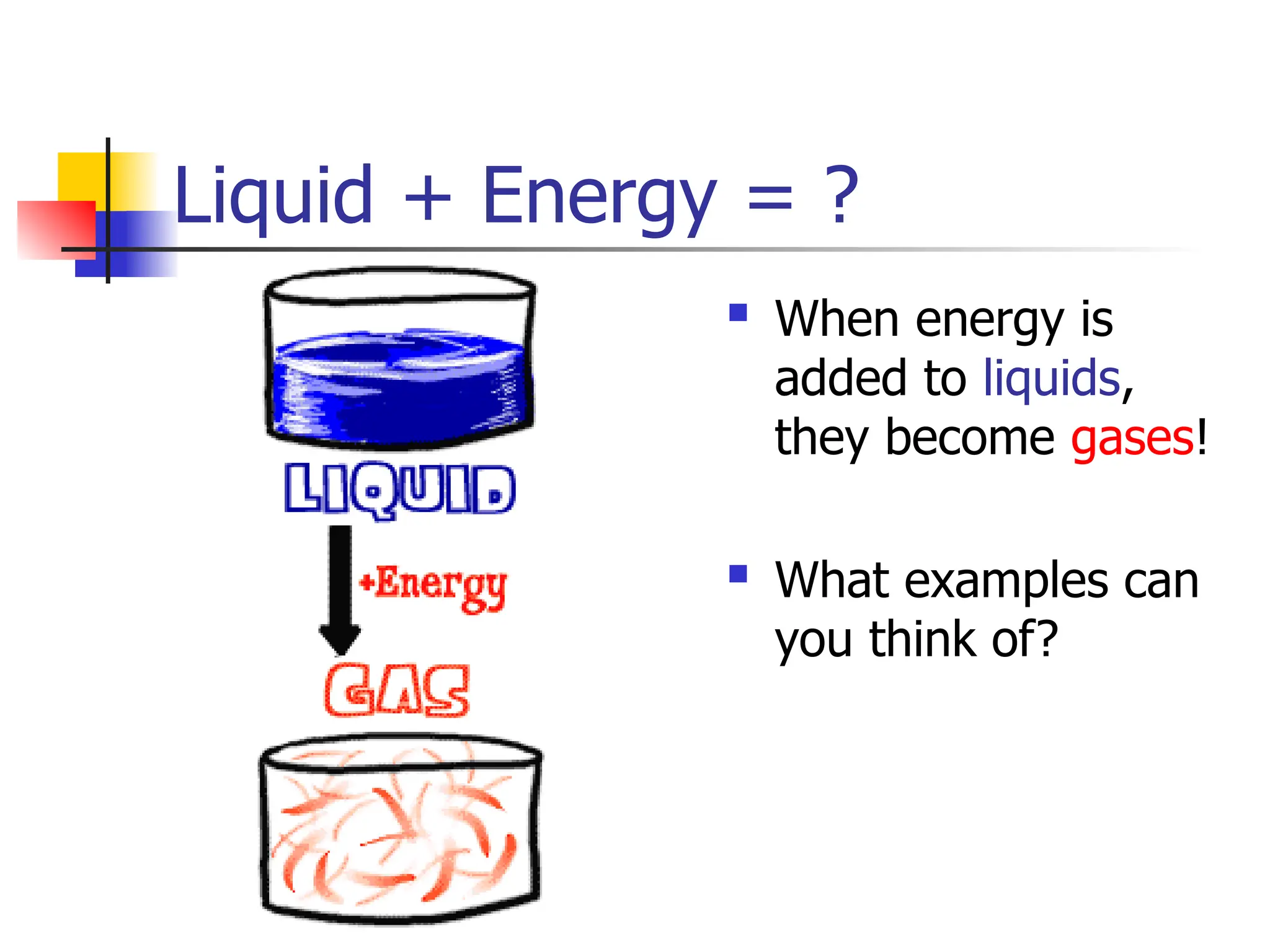 Liquid + Energy = ?
 When energy is
added to liquids,
they become gases!
 What examples can
you think of?
 