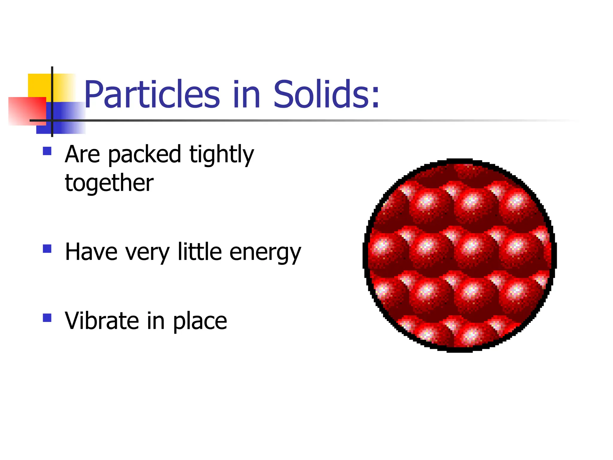 Particles in Solids:
 Are packed tightly
together
 Have very little energy
 Vibrate in place
 