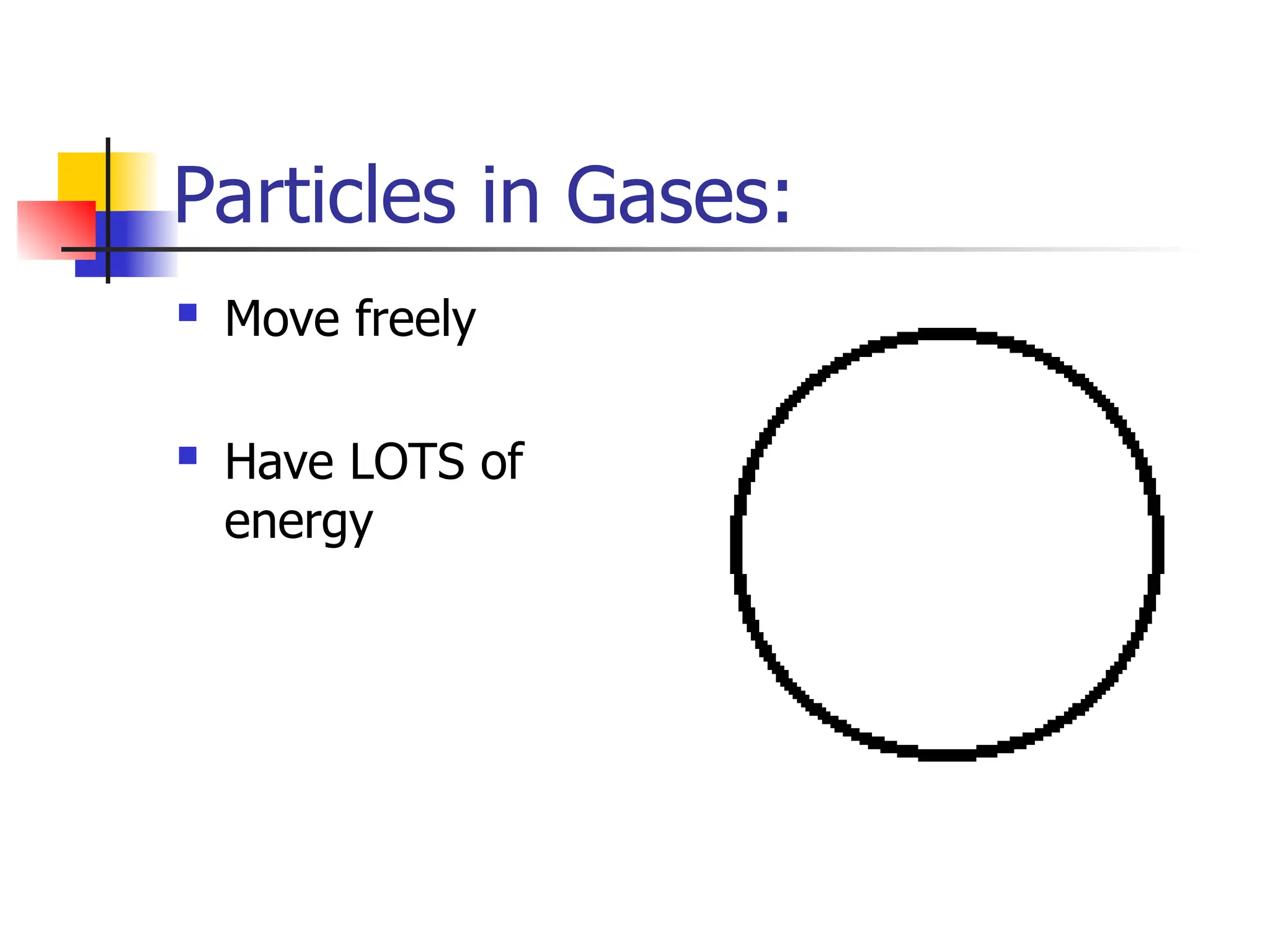 Particles in Gases:
 Move freely
 Have LOTS of
energy
 